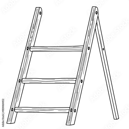 A clean monochrome technical line drawing of a traditional wooden A-frame stepladder, shown head-on, with bold black outlines and evenly spaced horizontal rungs, centered on a pristine white backgroun