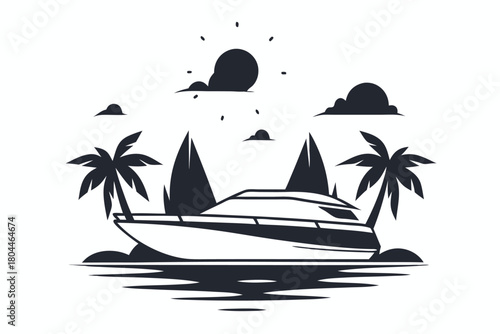 Elegant yacht moored offshore near palm trees beneath a sunlit, partially cloudy sky