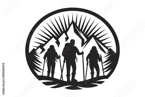 Group silhouette hikes mountains, surrounded by tall trees and sharp peaks, in a black circle