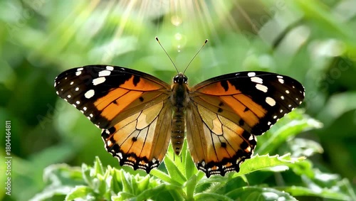 Monarch butterfly resting on a vibrant green leaf under bright natural light in garden setting