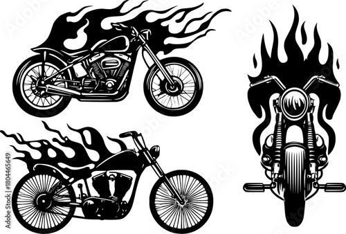 Set of custom chopper motorcycles with dramatic flames on wheels and frames, Black and white illustration isolated on transparent background