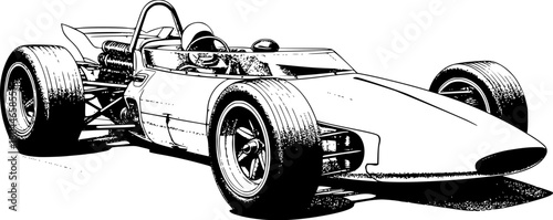 Retro race car with open cockpit and large tires in hand drawn black and white outline illustration artwork