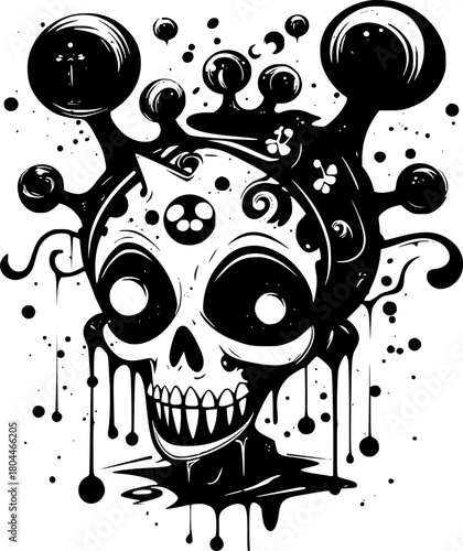 Playful skull face with large round eyes and toothy grin, swirling ornamental accents surrounds the head, black and white graphic