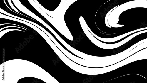 Swirling black and white pattern creates optical illusion with dynamic, wavy lines, forming a hypnotic and abstract, high-contrast visual experience