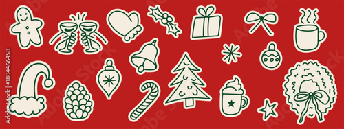 Set of hand-drawn Christmas doodle icons including tree, wreath, gifts, mittens, bell, ornaments, drinks, candy cane, holly, and festive symbols on a red background