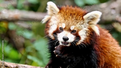 Red panda perched on a branch in a lush forest under natural diffuse light showing arboreal motion