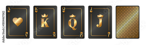 Black playing cards with golden symbols of the Ace, King, Queen and Jack of Hearts
