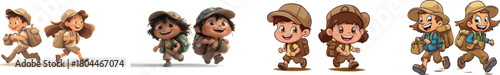 A modern clip art illustration with simple gradients shows cartoon kids running, all dressed up in safari costumes, and each kid is on a separate layer