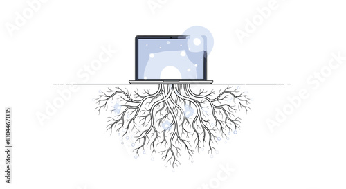 Laptop with deep roots symbolizing technology foundation and growth, Generative AI.