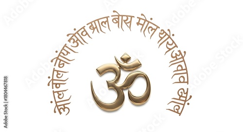 Golden om symbol with sanskrit script on white background
