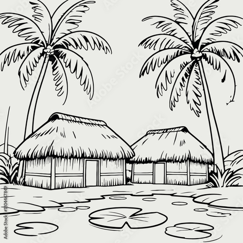 Tropical Village With Thatched Huts, Palm Trees, and Lagoon by a Peaceful Beach Scene, Coasta