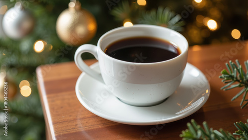 Wallpaper Mural Cozy cup of coffee sits on wooden table, surrounded by festive decorations and warm lights, creating comforting holiday atmosphere Torontodigital.ca