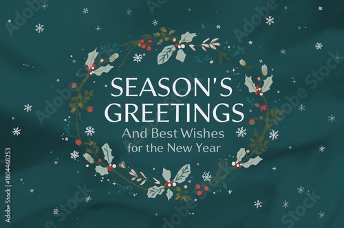 Season's Greetings card with elegant festive wreath and winter snowflakes on dark green background