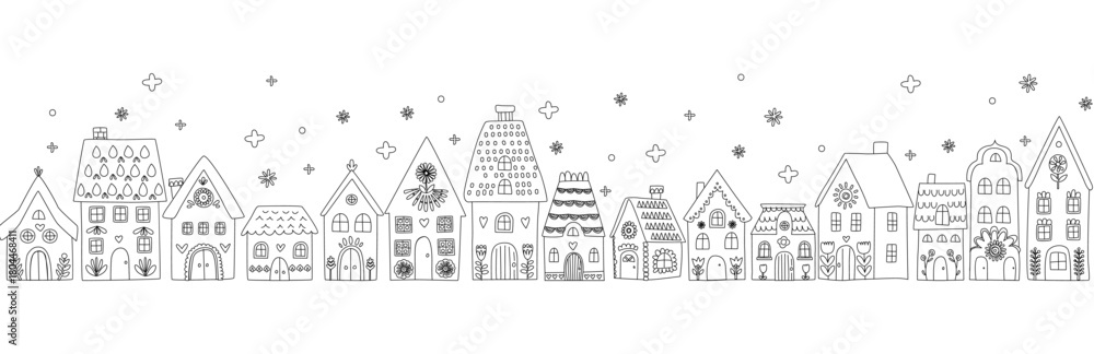 Fototapeta premium Scandinavian Winter Village Doodle seamless pattern, Cozy Folk Art Houses Illustration
