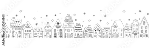 Scandinavian Winter Village Doodle seamless pattern, Cozy Folk Art Houses Illustration
