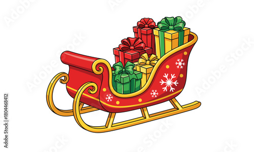 Cartoon Santa Claus Sleigh Filled with Christmas Presents. Red Sledge Loaded with Stacked Gift Boxes for Holiday Delivery and Seasonal Design.