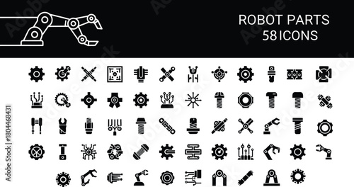 Robot parts and mechanical solid black icons set vector design of engineering industrial automation futuristic technology and robotic components symbols collection.