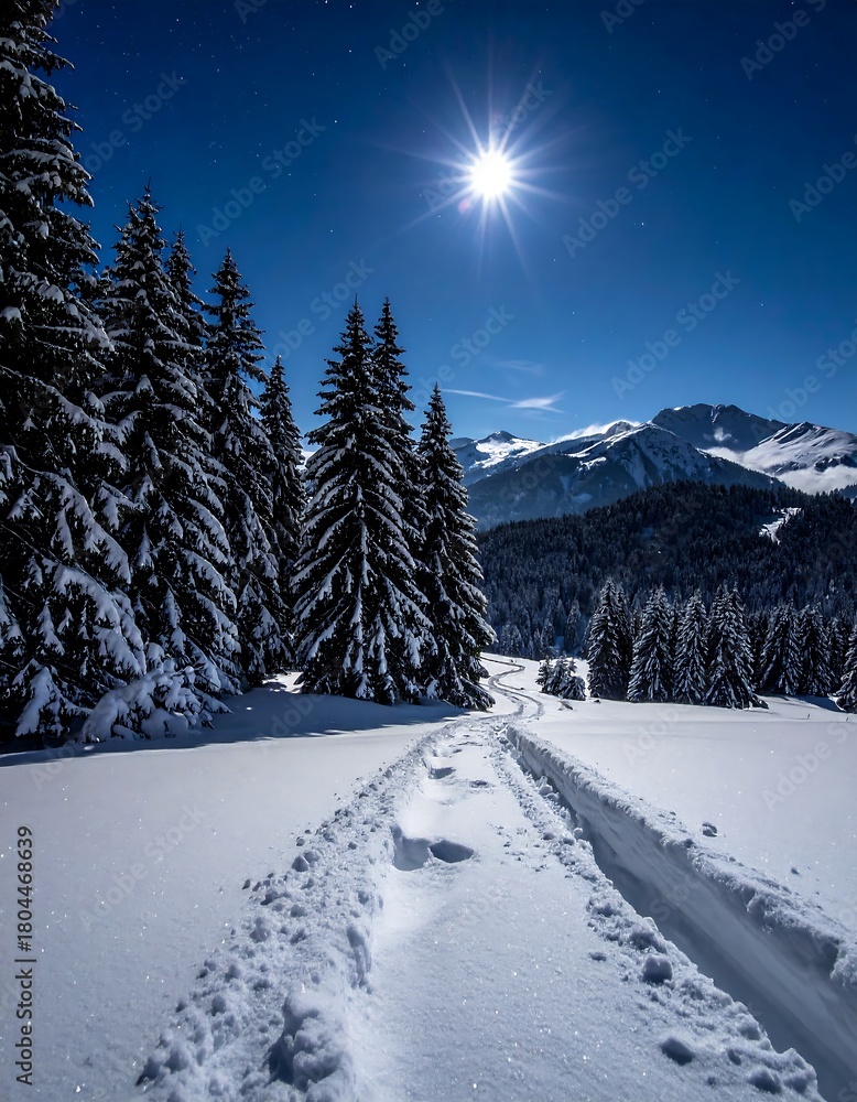 Fototapeta premium Snowy mountain path under bright moon with evergreen trees.