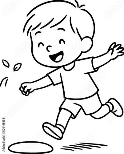 Joyful cartoon boy happily running and kicking leaves outdoors