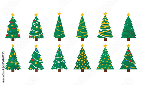 Set of 12 Cartoon Christmas Trees. Various Decorated Pine and Fir Trees with Lights, Tinsel, Garlands, Ornaments, and Star Toppers for Holiday Design.