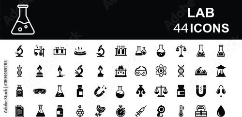 Laboratory and science experiment solid black icons set vector design of chemistry medical physics research education and academic equipment symbols collection.
