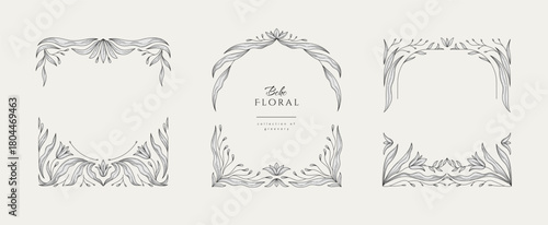 Retro floral frame or cover. Botanic design elements in wavy and naive style. Boho leaves branches and blooming print for poster, social media and packaging or greeting card