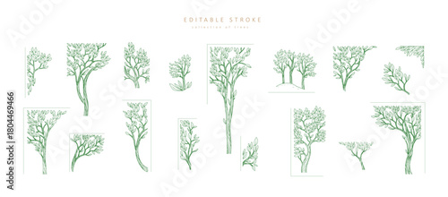 Set of illustration of tree as corners and decorations elements. Luxury elegant design elements for wedding invitation, brochure or save the date card. Editable stroke