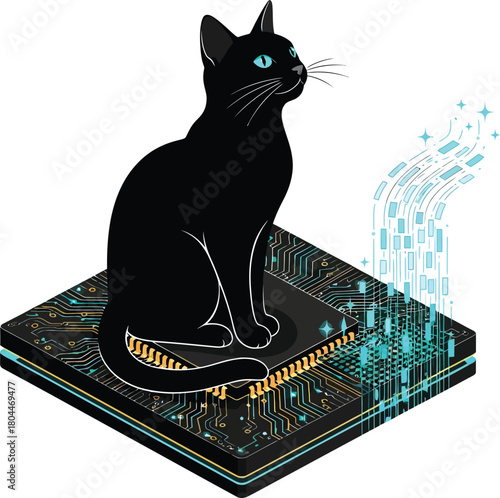 Black cat sitting on computer processor chip ai technology concept eps silhouette