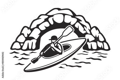 Lone kayaker paddles on water under rocky bridge in a simple black and white style