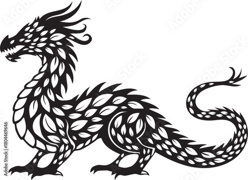 Black dragon silhouette with leaf pattern on white background Keywords: dragon, silhouette