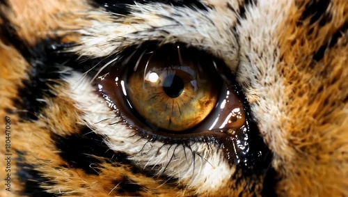 Tiger eye macro close up showing orange fur black stripe texture and intense gaze