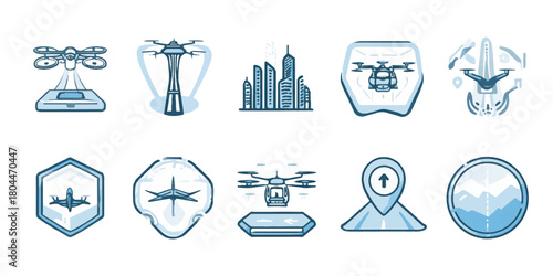 Collection of futuristic drone technology icons representing innovation and modern aerial surveillance and delivery services