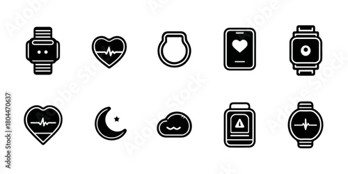 Collection of black health and fitness icons representing smartwatches heart rate sleep and medication