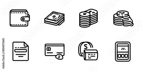 Collection of hand drawn financial icons representing money management and transactions