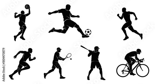Black silhouette illustrations of athletes playing different sports on a white background