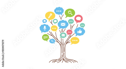 Social media icons tree concept for communication and networking, Generative AI.