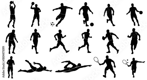 Various sports silhouettes including basketball soccer swimming tennis and running athletes in black