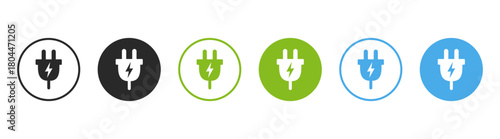 Electric plug and power outlet icon set with cable, electricity, energy, and connection symbols on transparent background