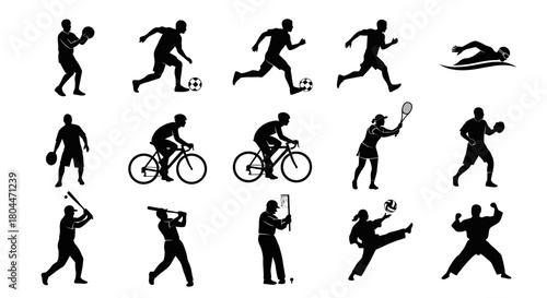 Silhouettes of various sports activities including swimming cycling and ball games on a white background