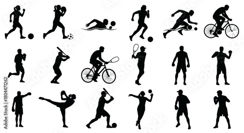Collection of various sports silhouettes including running swimming and cycling on a white background