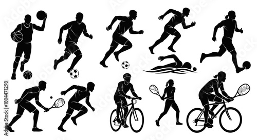Silhouettes of people playing various sports including basketball soccer and tennis on a white background