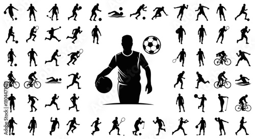 Silhouette illustrations of various sports activities and sports equipment in black and white
