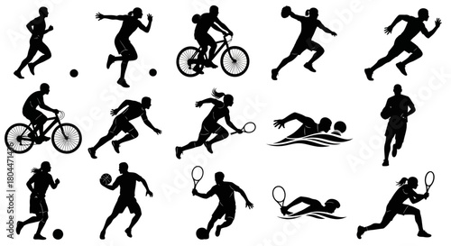 Various sports silhouettes including running cycling swimming and ball sports on a white background