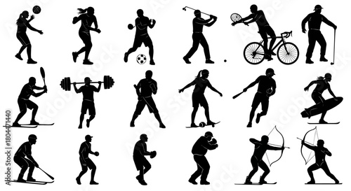 Silhouettes of various sports activities including team and individual sports in black and white