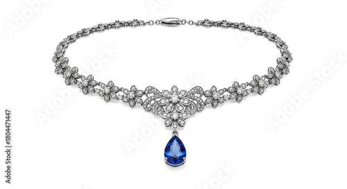 A luxurious diamond necklace with a large blue sapphire pendant.
