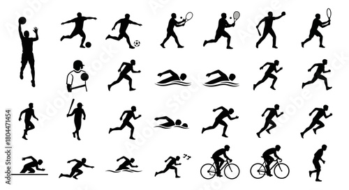 A collection of various sports silhouettes including running swimming and ball sports on a white background