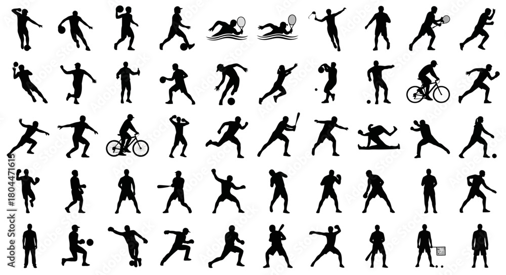 Naklejka premium Silhouette collection showing various sports activities and athletic poses in black and white style