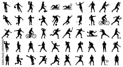Silhouette collection showing various sports activities and athletic poses in black and white style