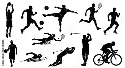 Silhouettes of various sports activities including basketball soccer tennis golf swimming and cycling shown