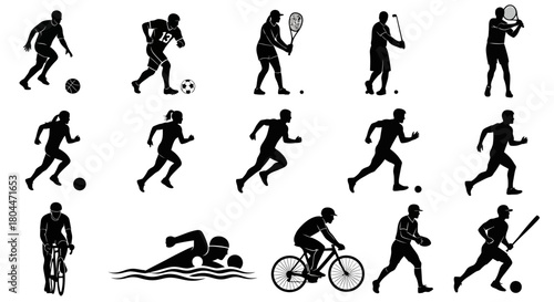 Silhouette illustrations of people playing various sports like soccer tennis and baseball on white